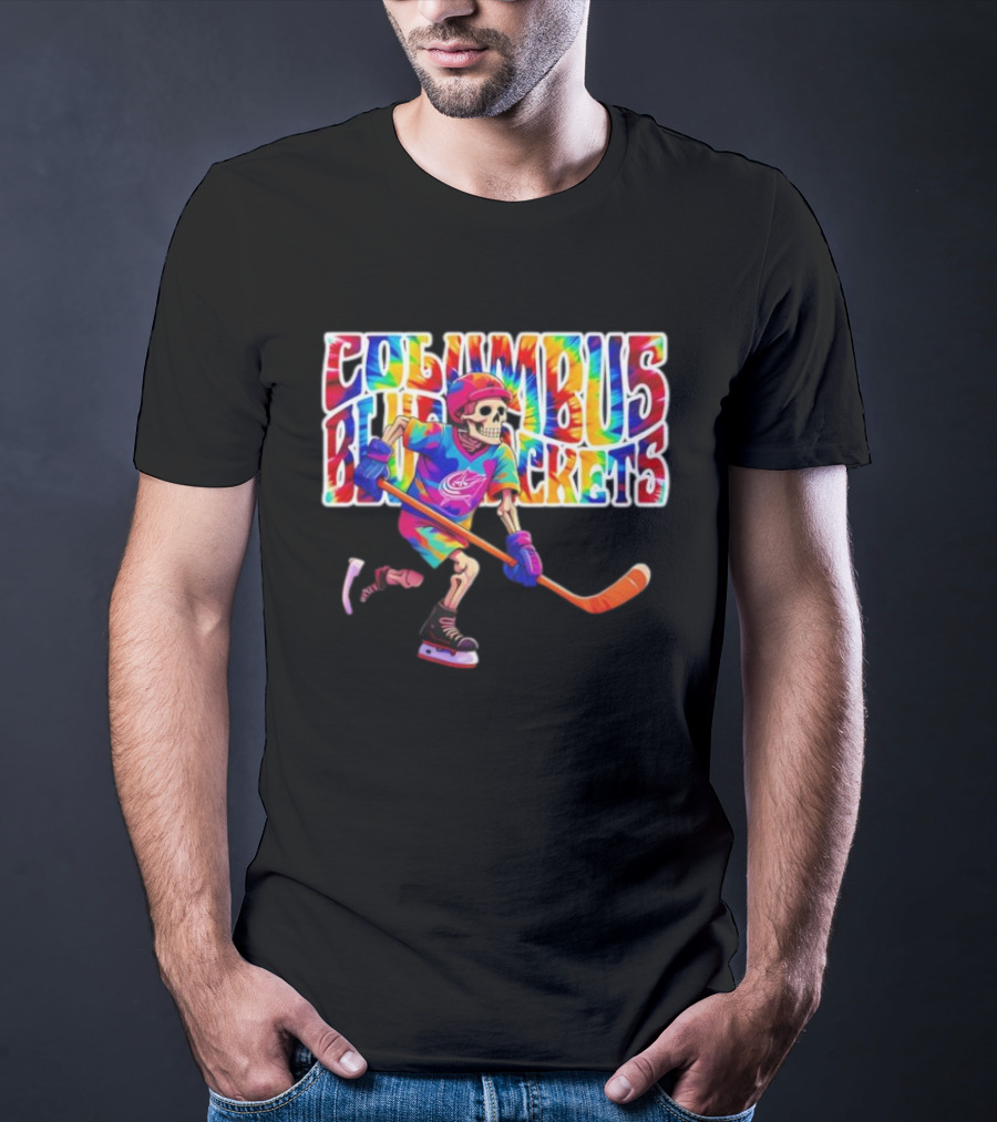 Columbus Blue Jackets Grateful Dead Tie-Dye Skeleton Hockey Player T-Shirt