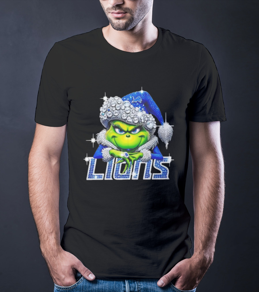 Detroit Lions Grinch Bling Santa Hat Christmas T-Shirt