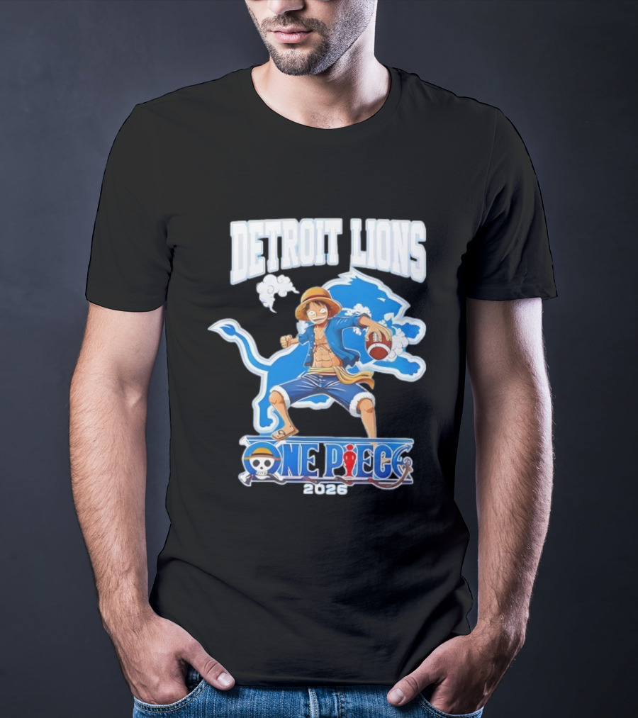 Detroit Lions One Piece Collaboration 2026 Luffy Crossover Football T-Shirt