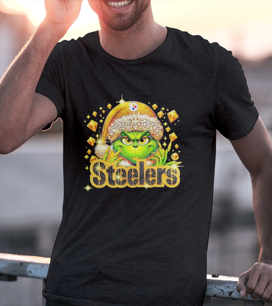 Pittsburgh Steelers Grinch Christmas Bling Santa Hat Holiday Merchandise T-Shirt