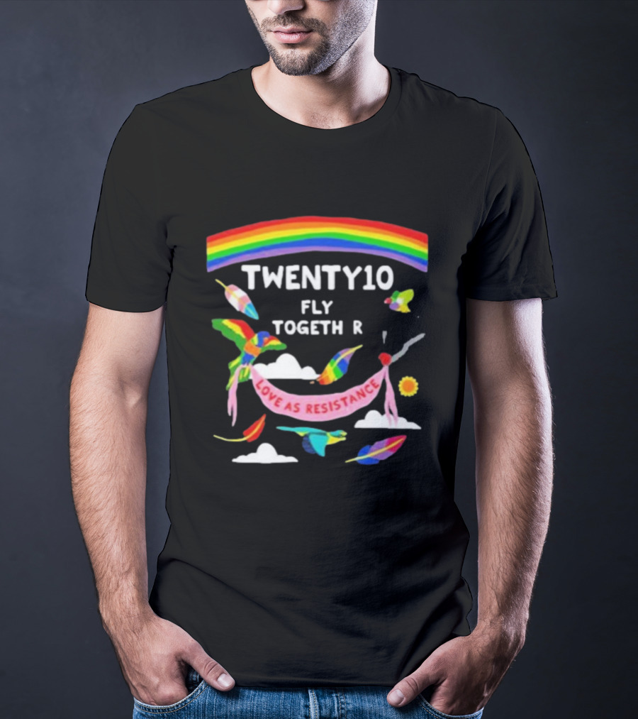 TWENTY10 Fly Together Love Is Resistance Rainbow Birds Clouds Sun T-Shirt
