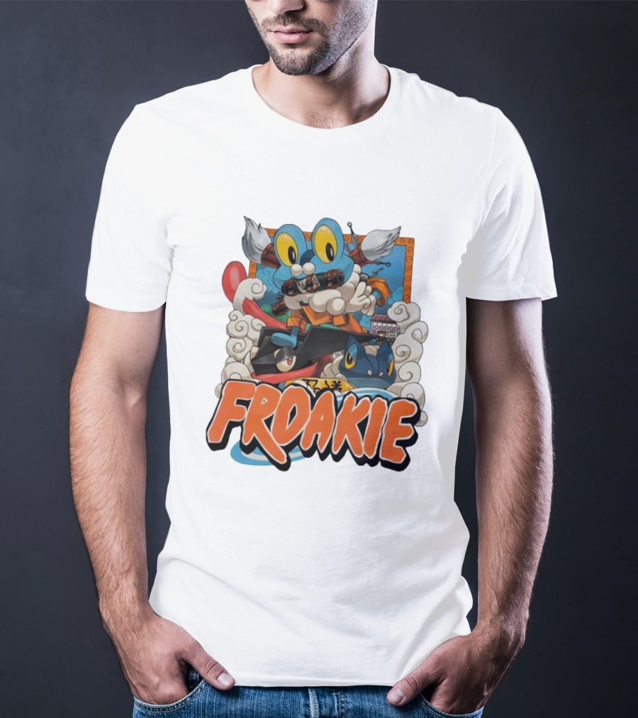 Froakie Ninja Adventure With Playful Clouds And Energetic Vibes T-Shirt