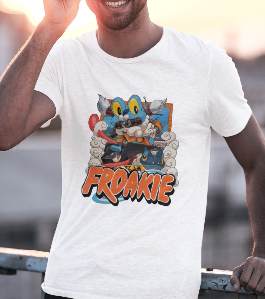 Froakie Ninja Adventure With Playful Clouds And Energetic Vibes T-Shirt