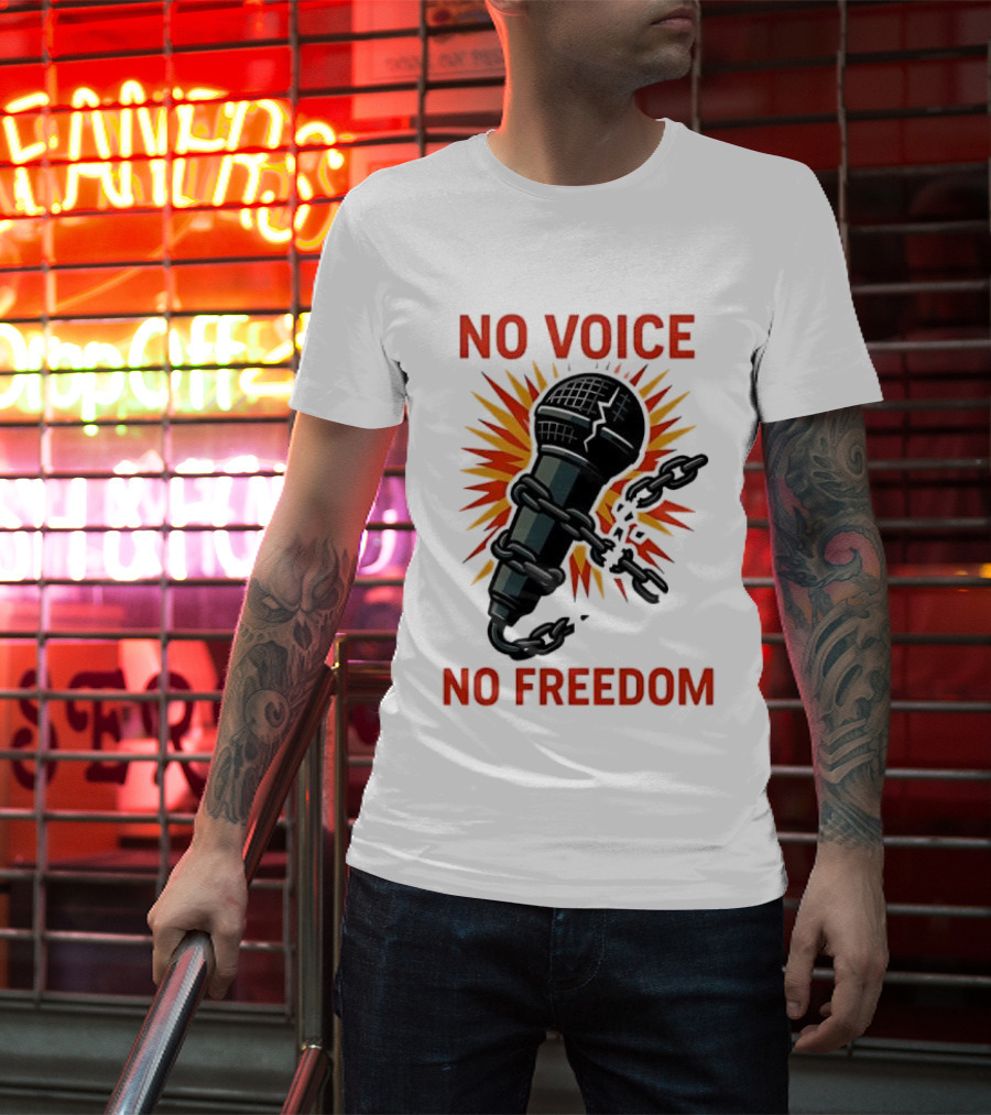No Voice No Freedom Microphone And Chain Graphic T-Shirt
