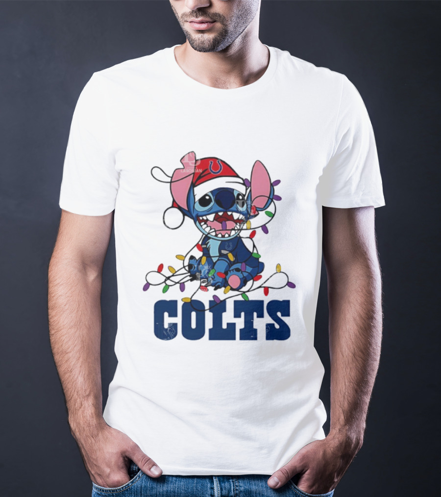 Indianapolis Colts Stitch Christmas Lights NFL Fan Art T-Shirt