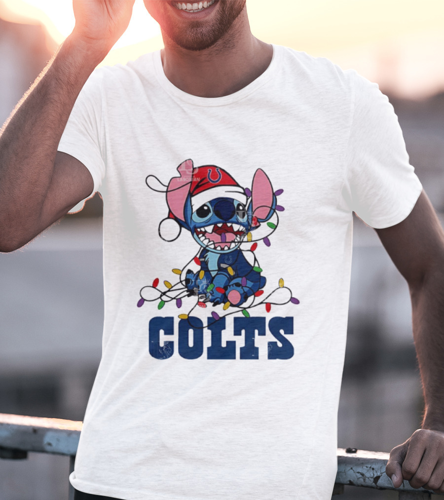 Indianapolis Colts Stitch Christmas Lights NFL Fan Art T-Shirt