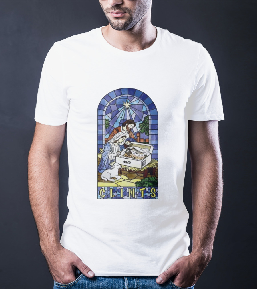 Nativity Stained Glass Clints Jesus Scene With Sneakers T-Shirt