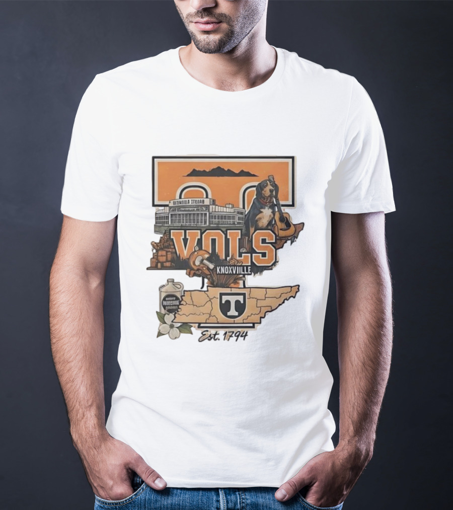 University Of Tennessee Volunteers Knoxville Vols Neyland Stadium Smokey Mascot Est 1794 Map Outline T-Shirt