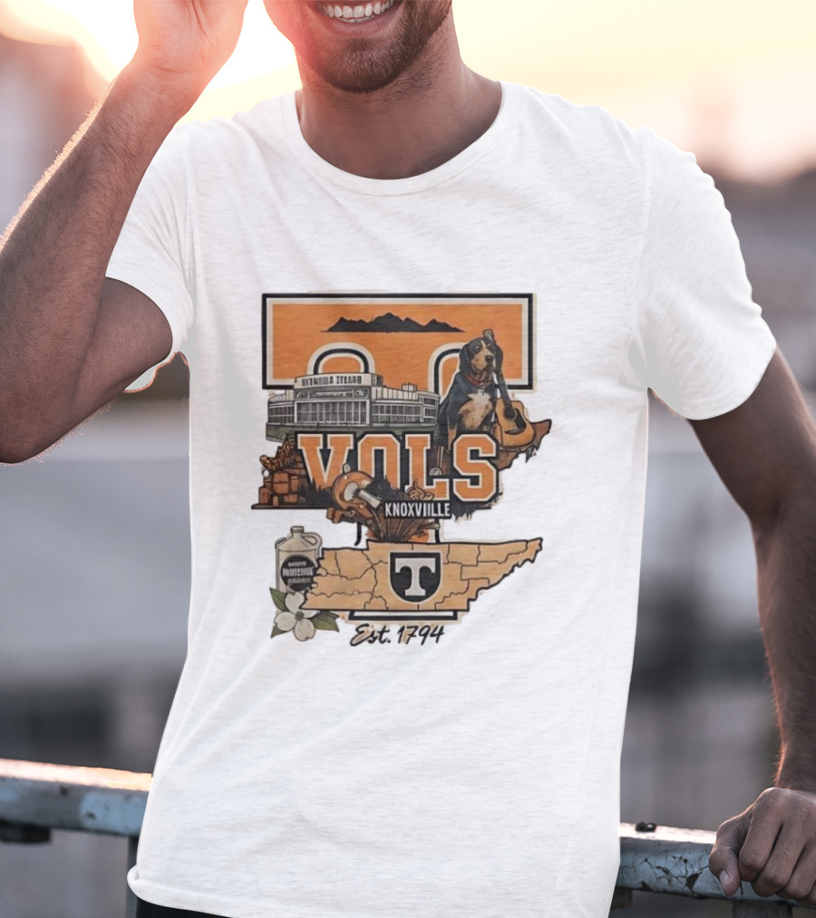 University Of Tennessee Volunteers Knoxville Vols Neyland Stadium Smokey Mascot Est 1794 Map Outline T-Shirt