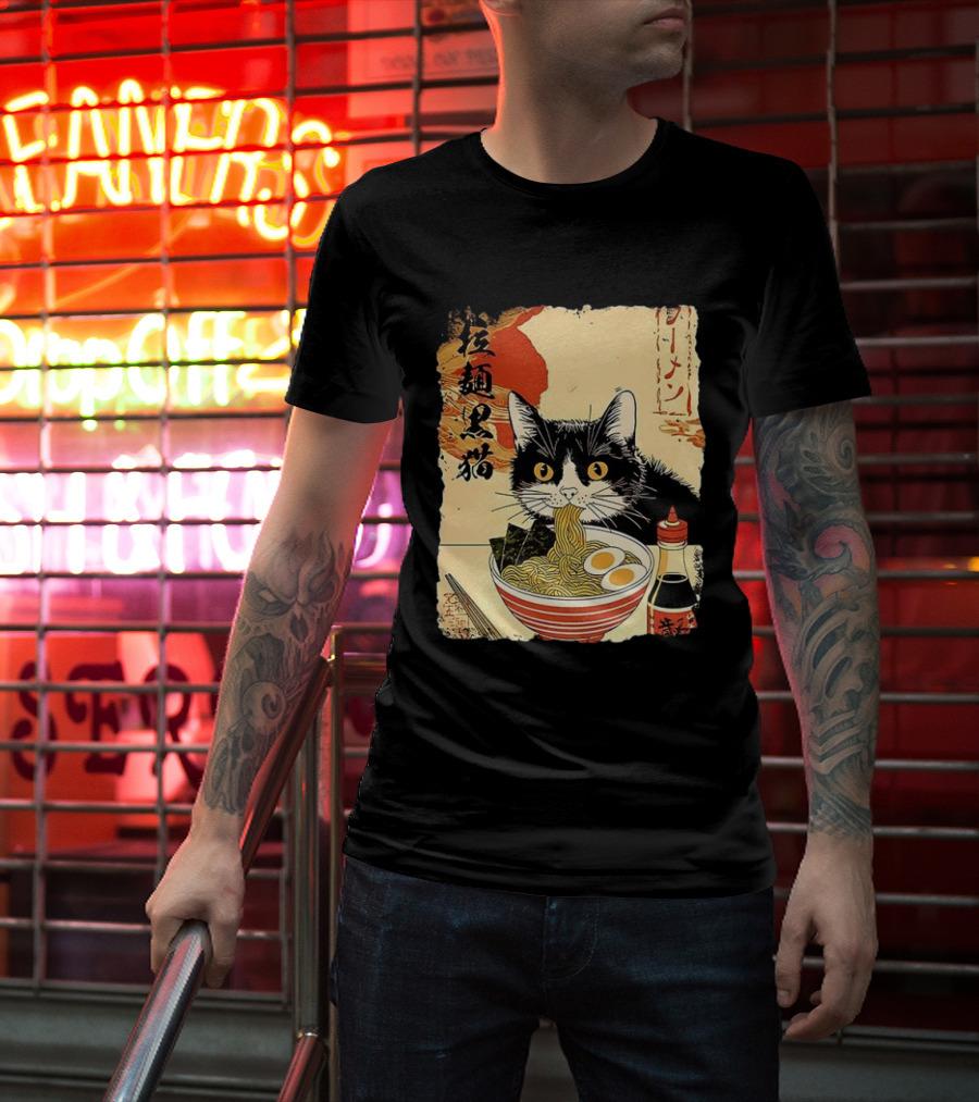 Japanese Black Cat Ramen Ukiyo E Retro Style With Kanji T-Shirt