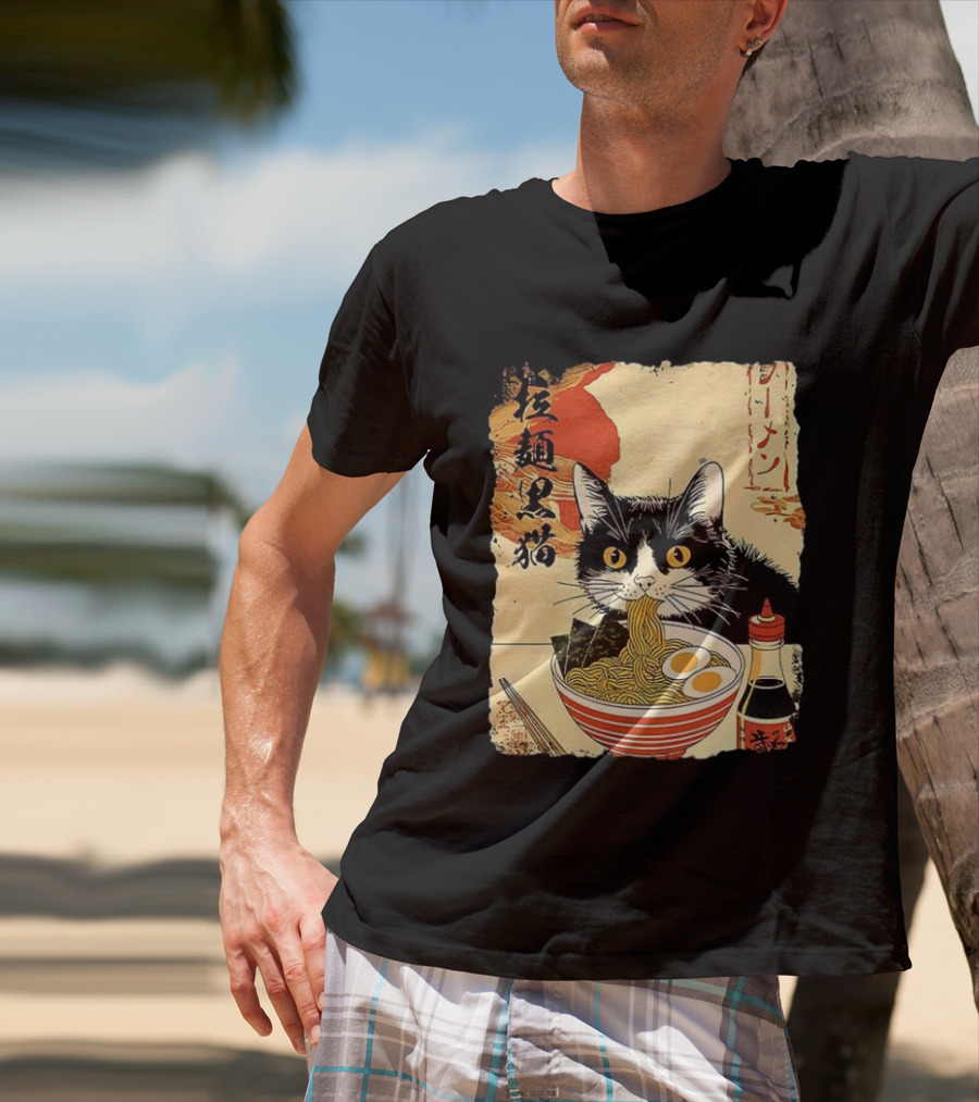 Japanese Black Cat Ramen Ukiyo E Retro Style With Kanji T-Shirt