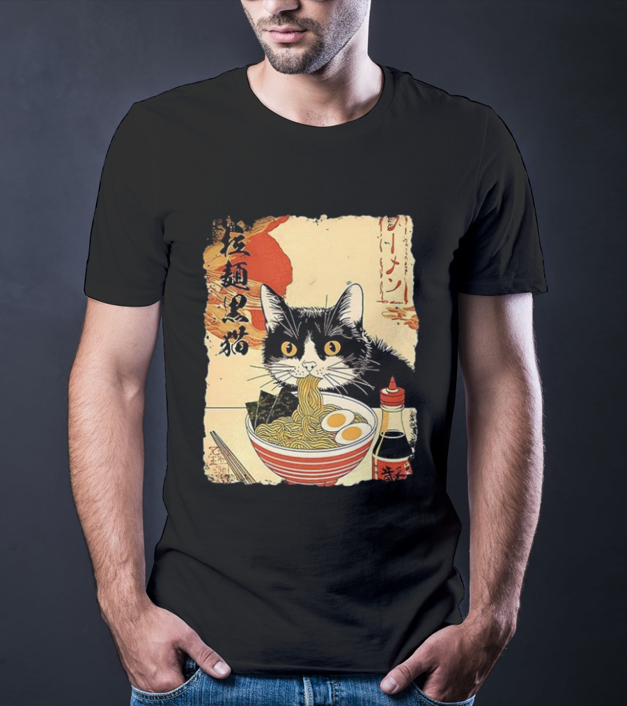 Japanese Black Cat Ramen Ukiyo E Retro Style With Kanji T-Shirt