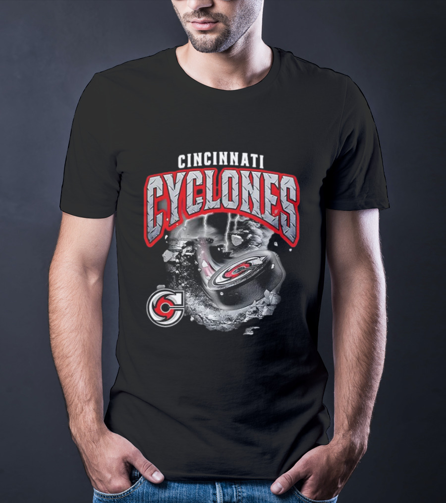 Cincinnati Cyclones Ice Hockey Storm Warning Puck Shattering Ice T-Shirt