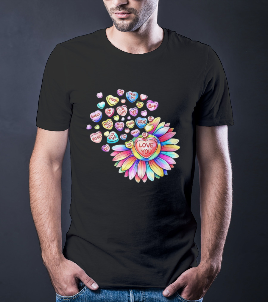 Valentine's Day Love You Sunflower With Candy Hearts Messages T-Shirt