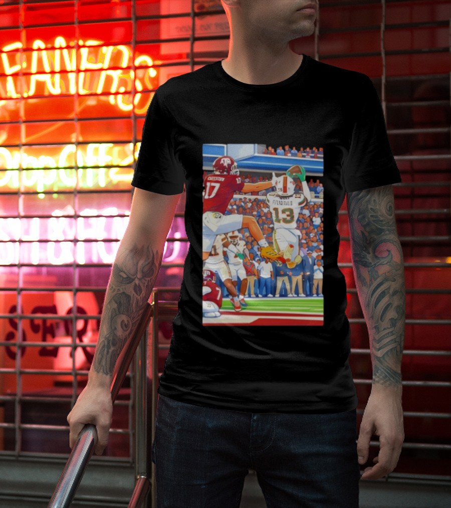Miami Hurricanes Vs Texas A&M Football Game Fitzgerald 13 Rakestraw 17 Stadium Scene T-Shirt