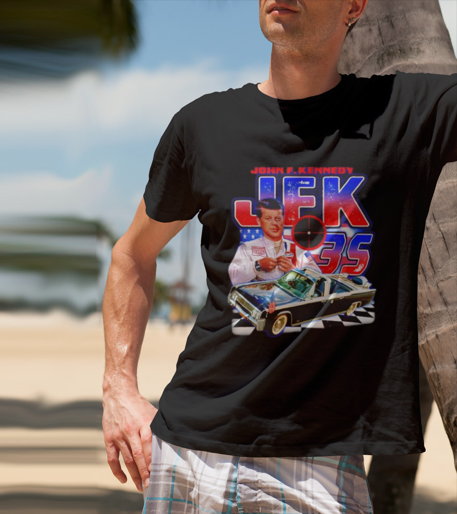 John F. Kennedy JFK 35 Racer Car USA Flag T-Shirt