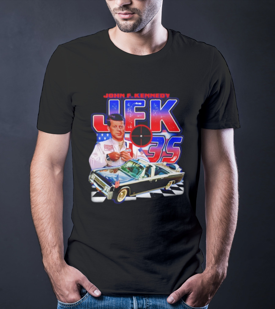 John F. Kennedy JFK 35 Racer Car USA Flag T-Shirt