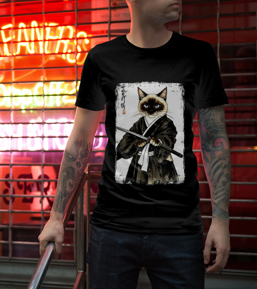 Siamese Cat Samurai Warrior Japanese Vantage Painting Kanji T-Shirt