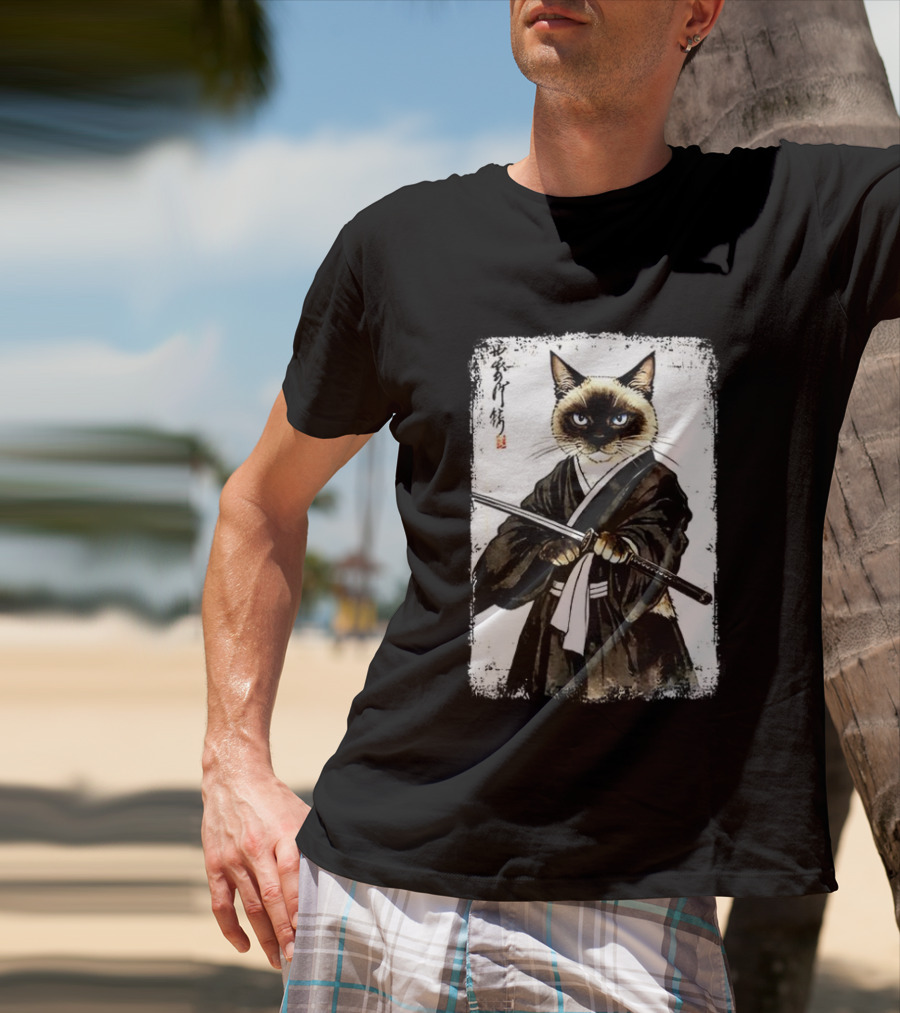 Siamese Cat Samurai Warrior Japanese Vantage Painting Kanji T-Shirt