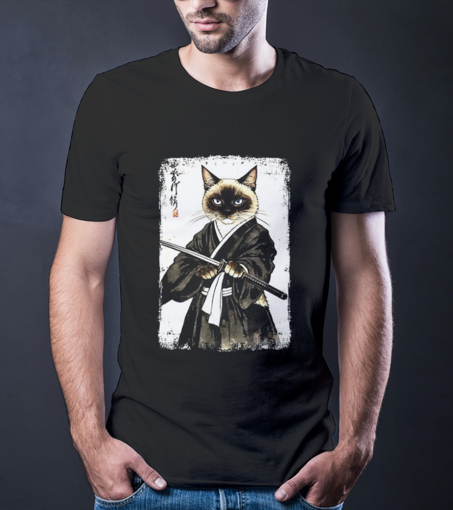 Siamese Cat Samurai Warrior Japanese Vantage Painting Kanji T-Shirt
