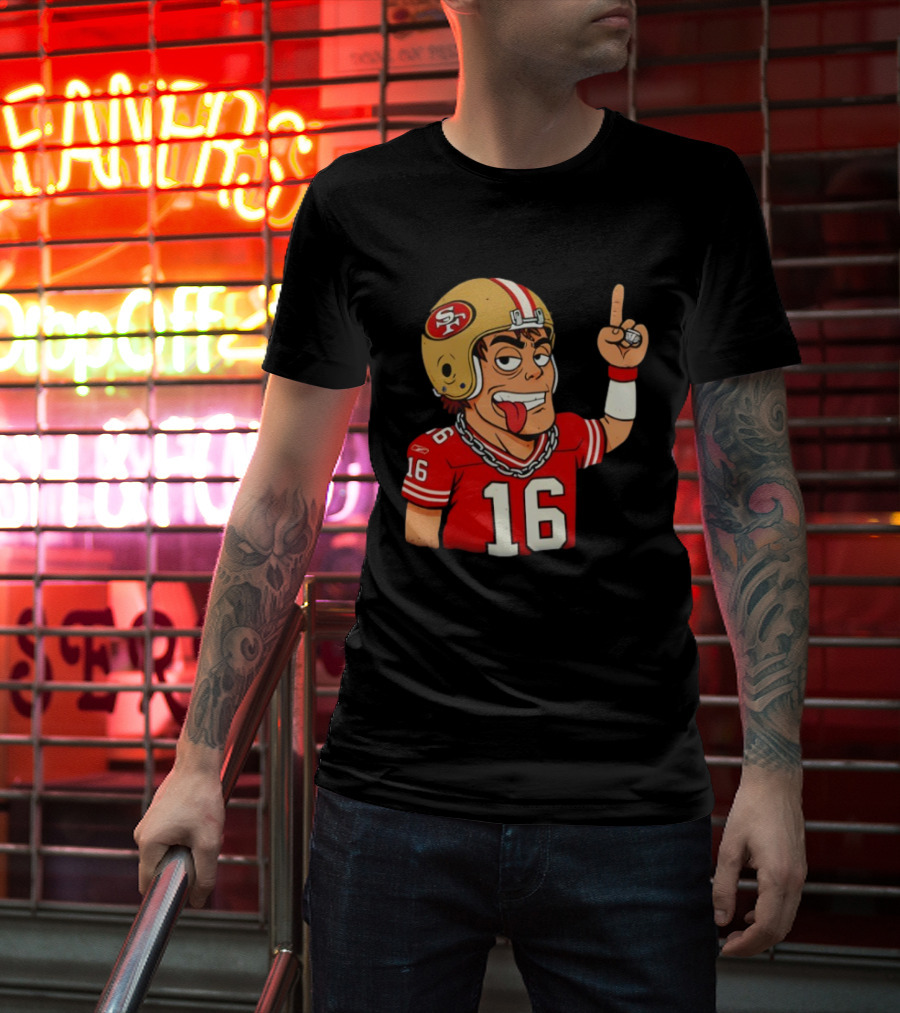 Legendary Quarterback Joe Montana #16 San Francisco 49ers Cartoon Helmet Tongue Out T-Shirt