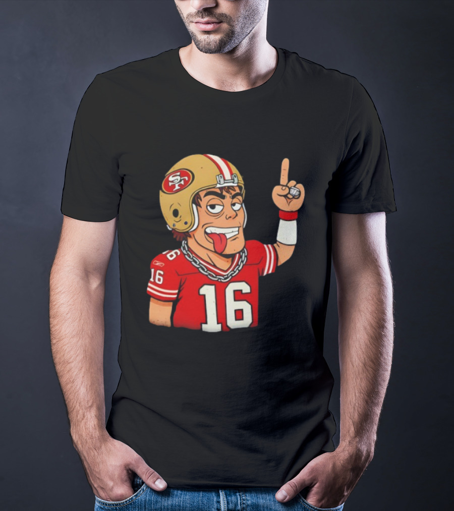 Legendary Quarterback Joe Montana #16 San Francisco 49ers Cartoon Helmet Tongue Out T-Shirt