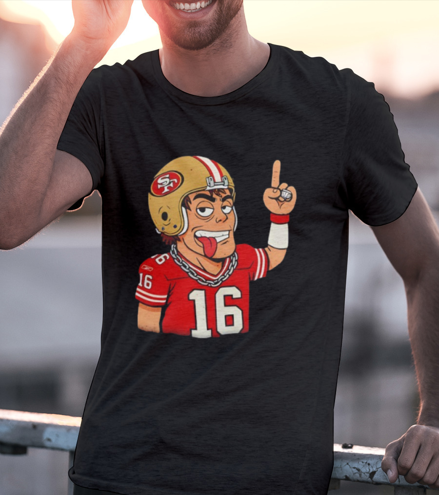Legendary Quarterback Joe Montana #16 San Francisco 49ers Cartoon Helmet Tongue Out T-Shirt