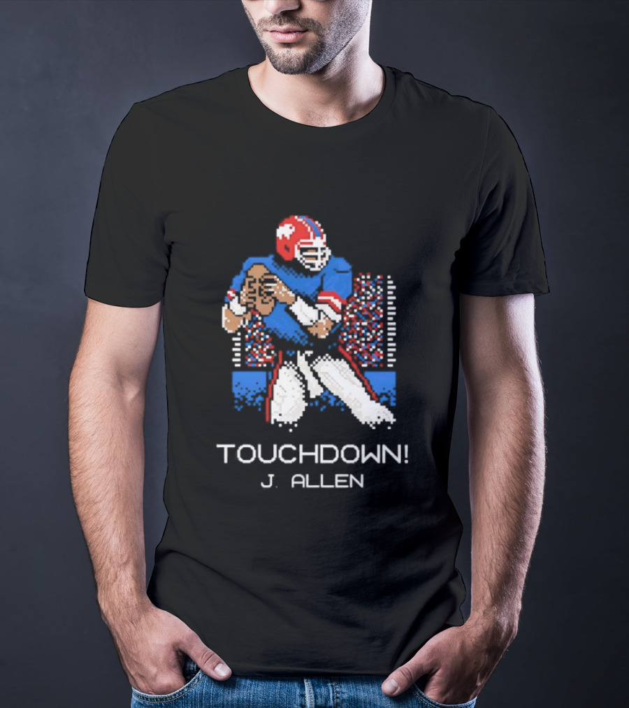 TOUCHDOWN J ALLEN Retro Football Quarterback Blue Red Helmet T-Shirt