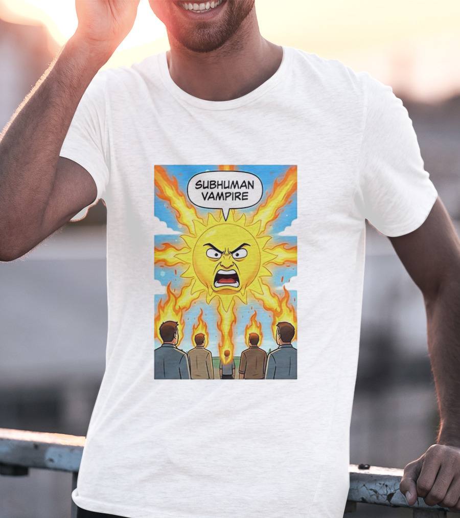 Subhuman Vampire Angry Sun Cartoon With Flames T-Shirt