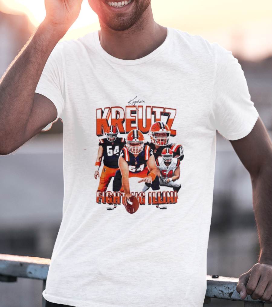 Kreutz Fighting Illini Football Player Action Pose Orange And Blue T-Shirt