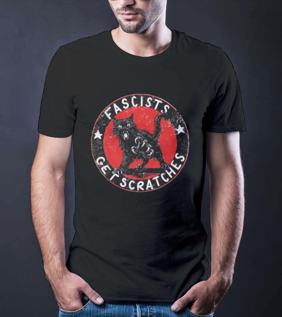 Black Cat Fascists Get Scratches Round Emblem With Stars T-Shirt