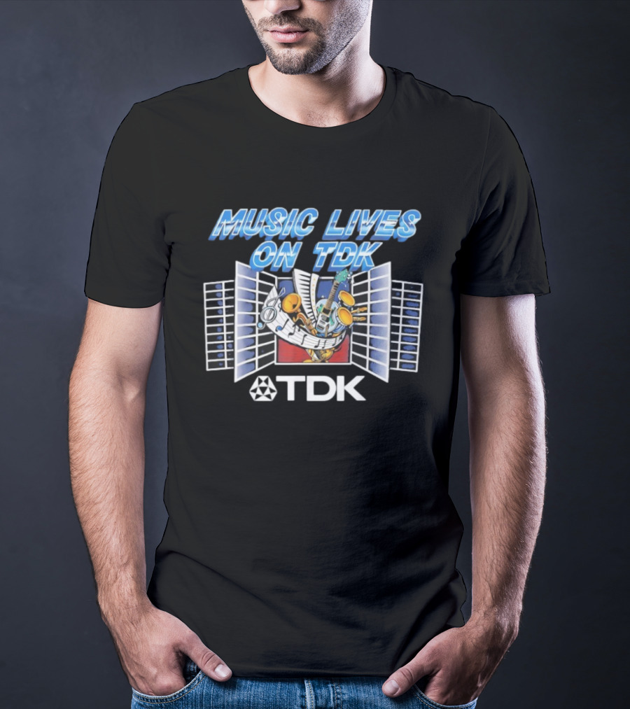 Music Lives On TDK Vintage 80s Cassette Tapes Retro Musical Instruments T-Shirt
