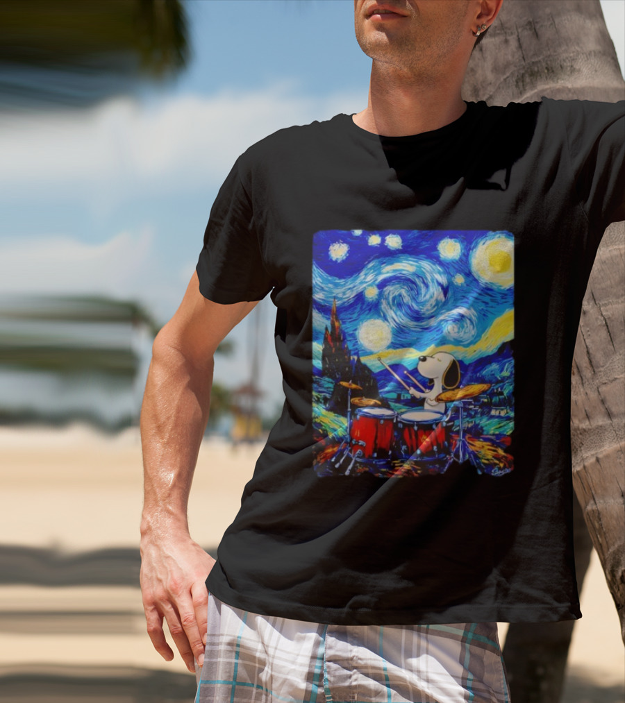 Snoopy Playing Drums Starry Night Van Gogh T-Shirt