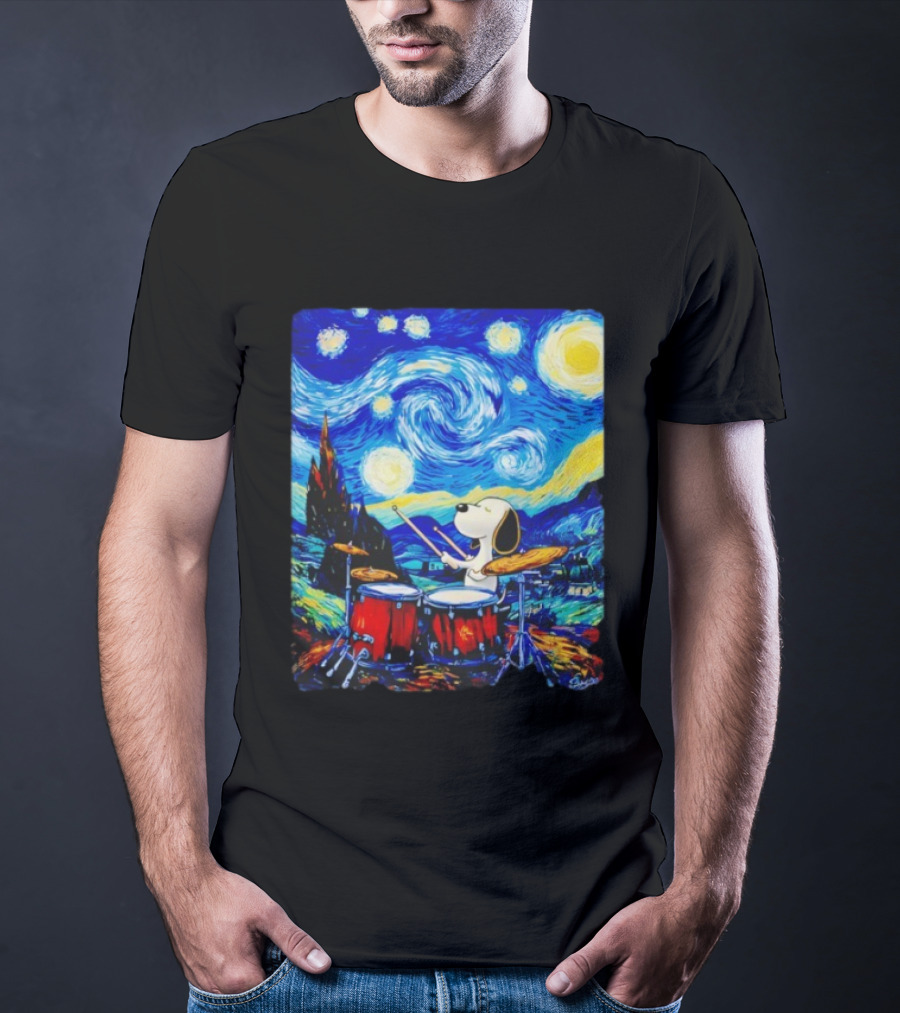Snoopy Playing Drums Starry Night Van Gogh T-Shirt