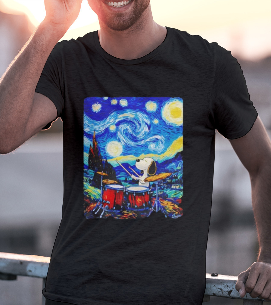 Snoopy Playing Drums Starry Night Van Gogh T-Shirt