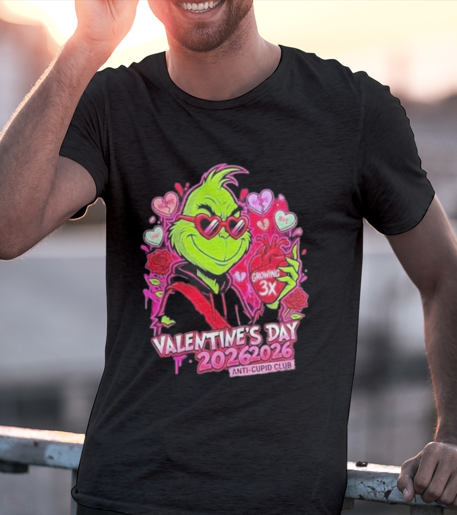 The Grinch Valentine's Day 2026 Anti Cupid Club Growing 3X Heart Funny Sarcastic Candy Hearts T-Shirt