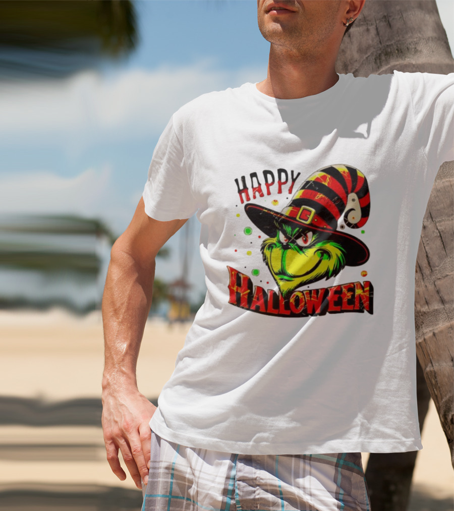 Happy Halloween Grinch Witch Hat Striped Festive T-Shirt