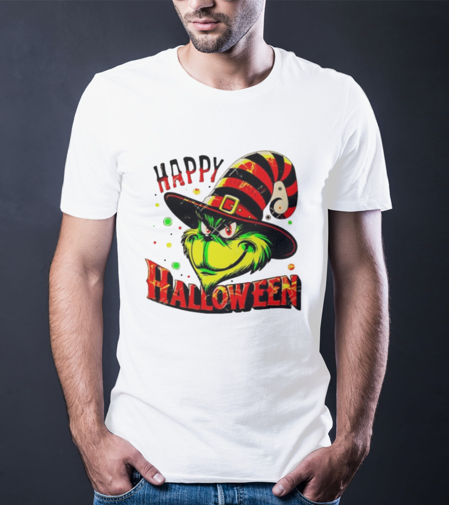 Happy Halloween Grinch Witch Hat Striped Festive T-Shirt