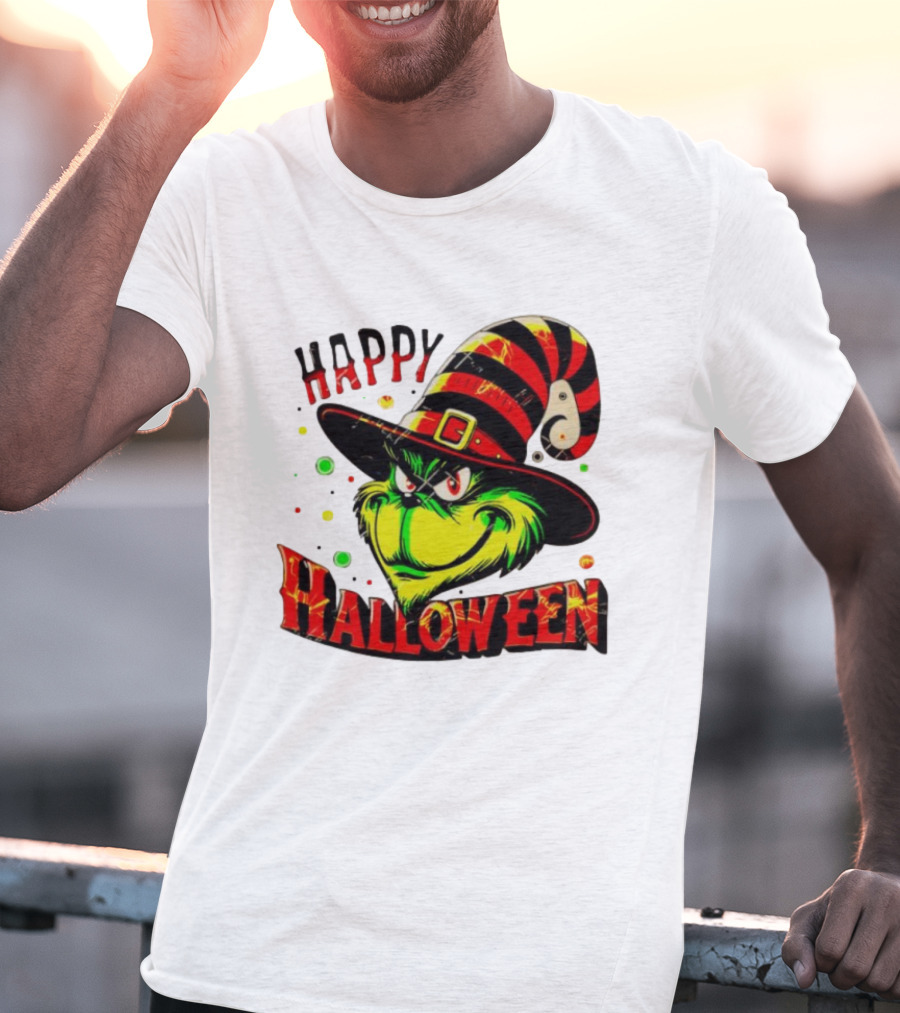 Happy Halloween Grinch Witch Hat Striped Festive T-Shirt