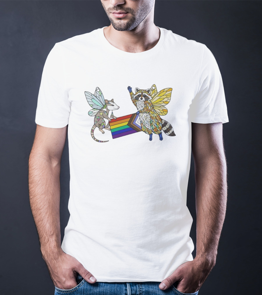LGBTQ Pride Flag Fairy Opossum And Raccoon With Wings T-Shirt