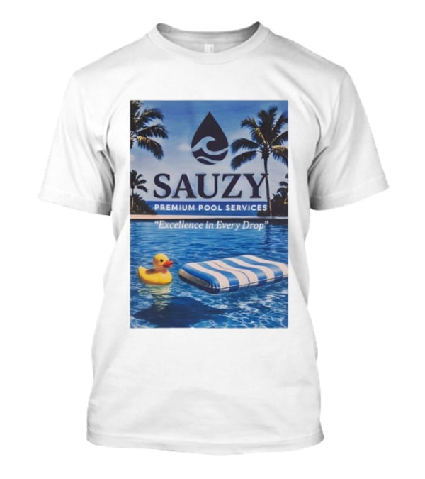 Sauzy Premium Pool Services Excellence In Every Drop Floating Fun With Duck And Lounger Palm Oasis T-Shirt