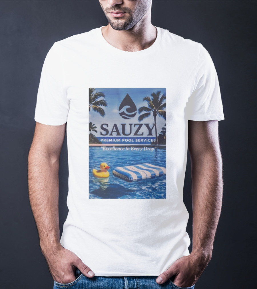 Sauzy Premium Pool Services Excellence In Every Drop Floating Fun With Duck And Lounger Palm Oasis T-Shirt