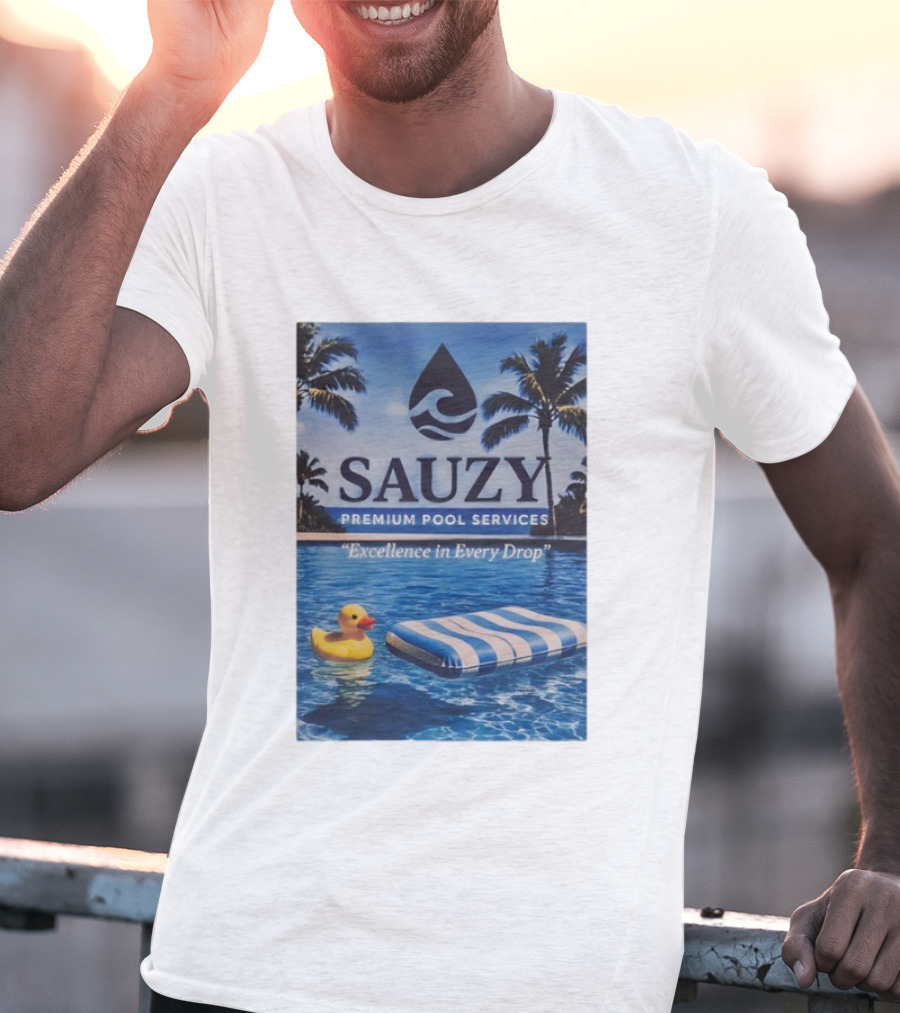 Sauzy Premium Pool Services Excellence In Every Drop Floating Fun With Duck And Lounger Palm Oasis T-Shirt