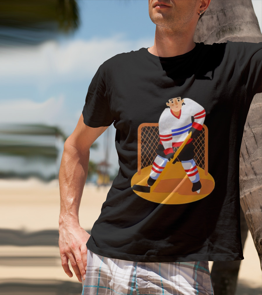 Ice Hockey Goalie In Action With Stick And Net Background T-Shirt