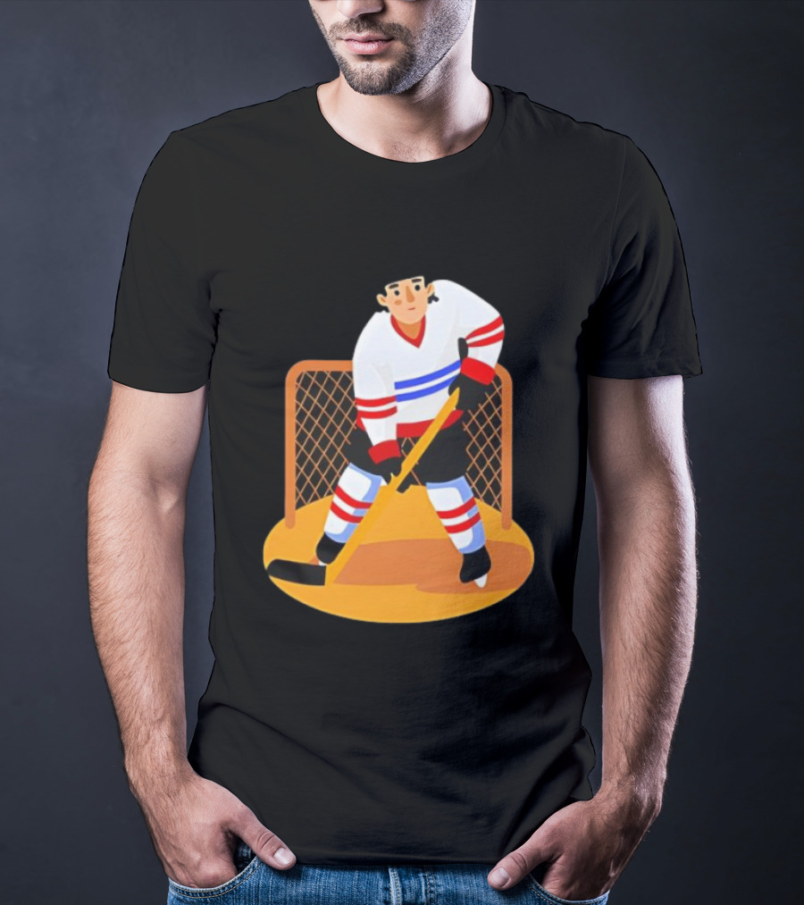 Ice Hockey Goalie In Action With Stick And Net Background T-Shirt