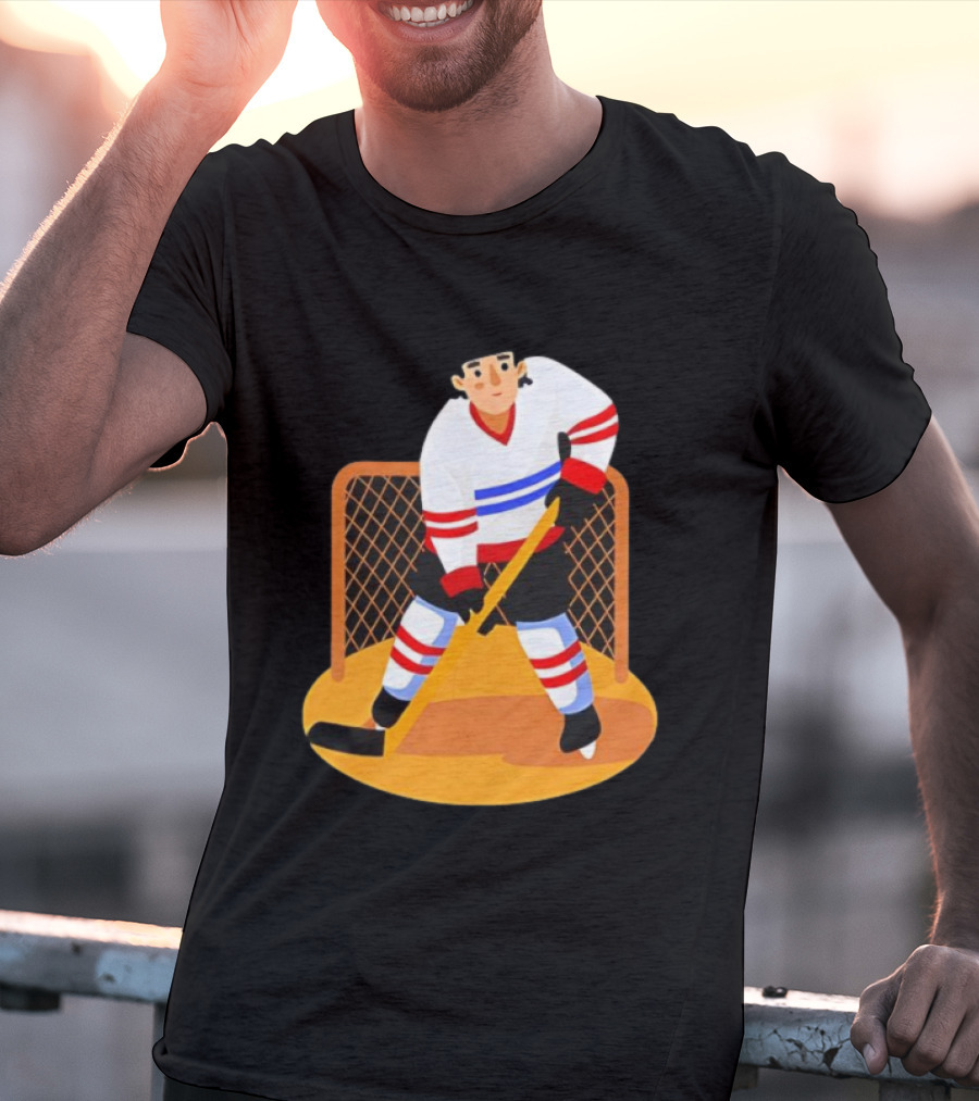 Ice Hockey Goalie In Action With Stick And Net Background T-Shirt