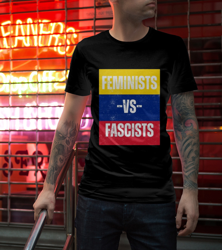 Feminists Vs Fascists Bold Statement Yellow Blue Red March T-Shirt