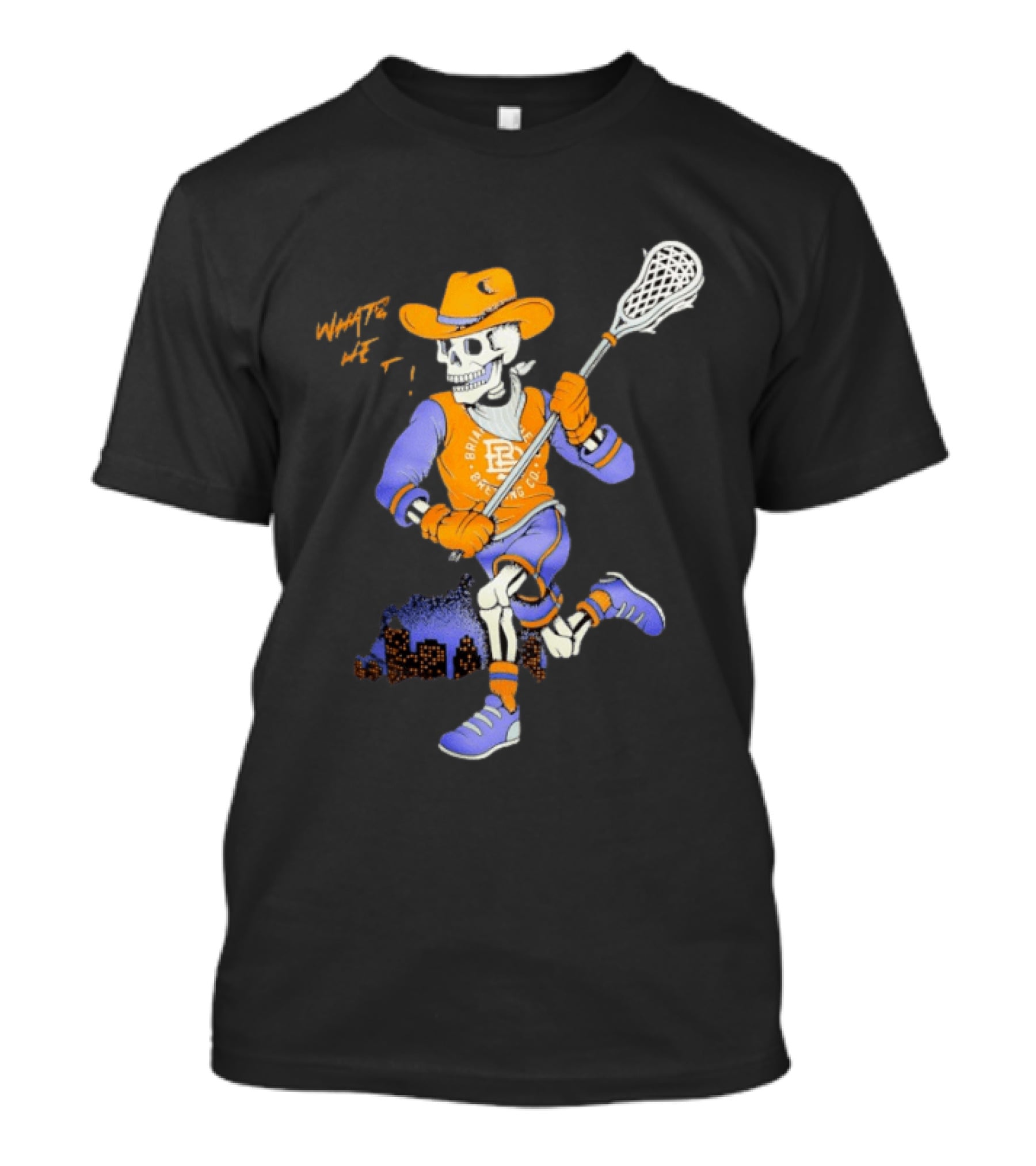 BriarBrothers Brewing Co Skeleton Lacrosse Player With City Skyline T-Shirt
