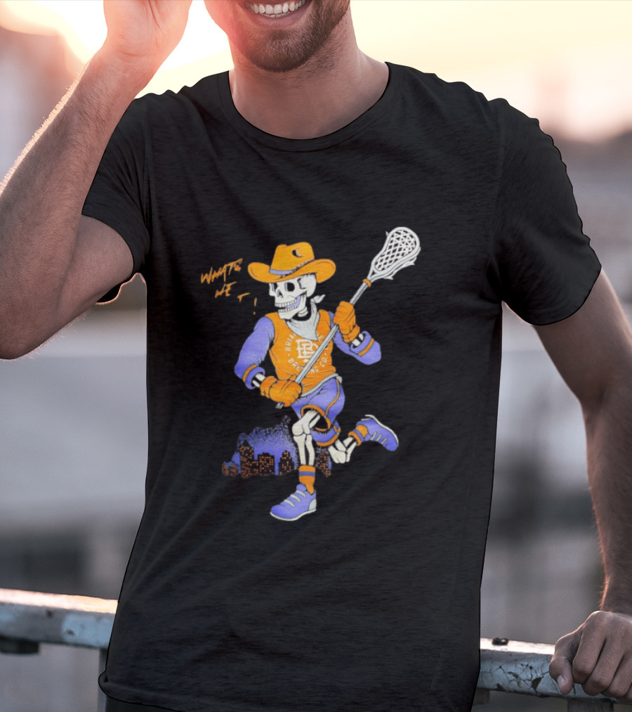 BriarBrothers Brewing Co Skeleton Lacrosse Player With City Skyline T-Shirt