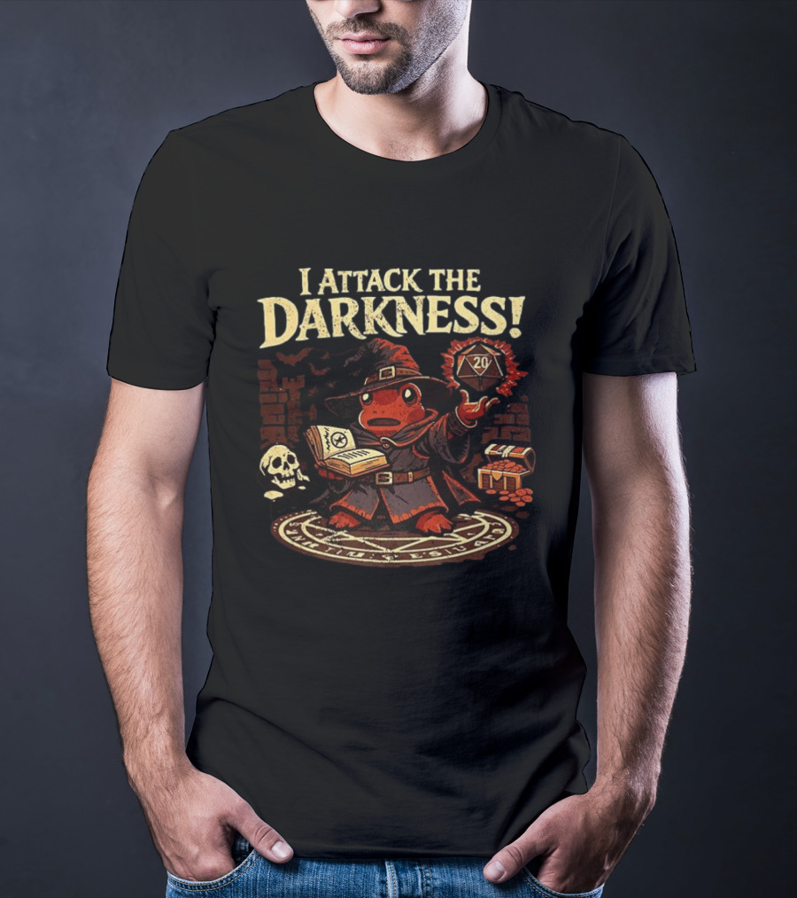 I Attack The Darkness Frog Wizard D20 Skull Spellbook Dungeon Treasure T-Shirt